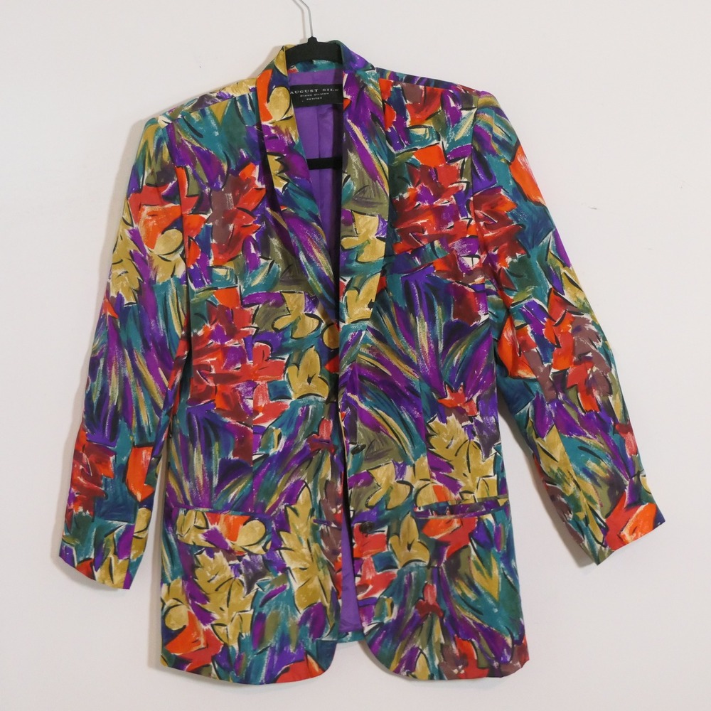 August Silk Women Blazer S Petite Multicolor Abstract Art to Wear 90s Silk